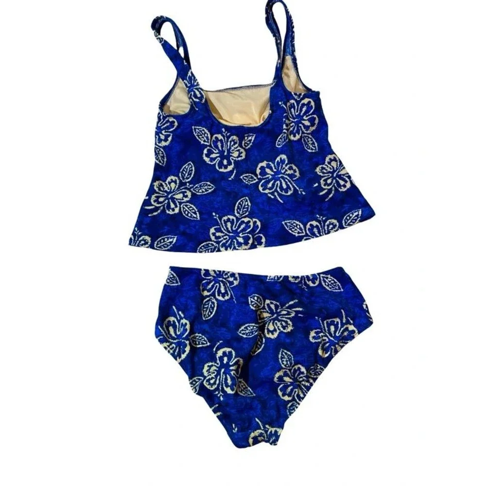Lands’ End Tankini Swimsuit Set Size 8 Blue Gold Hibiscus Floral Vintage Y2K